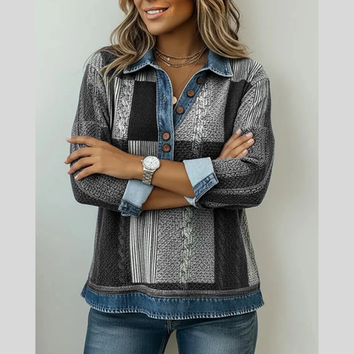 Delphine patchwork trui met denimeffect