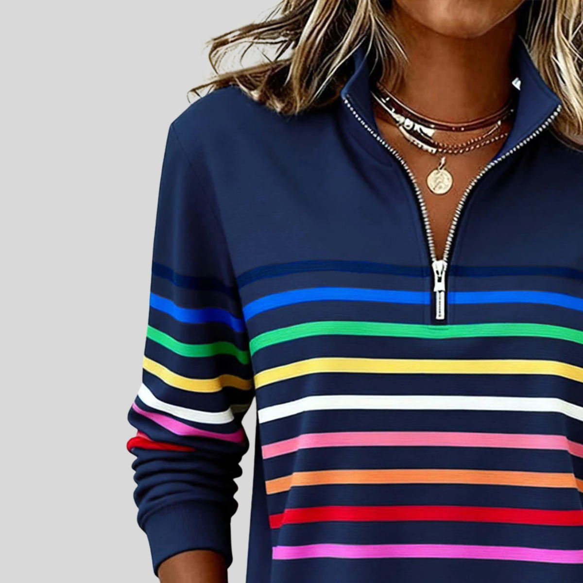 Nathalie sweater met rits en veelkleurige strepen