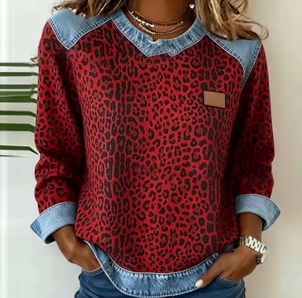 Mireille luipaardtrui met denim-look
