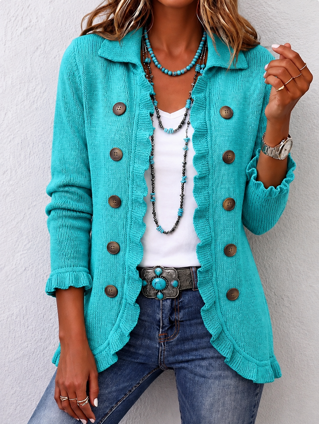 Silvana gebreid ribjasje in turquoise met ruches