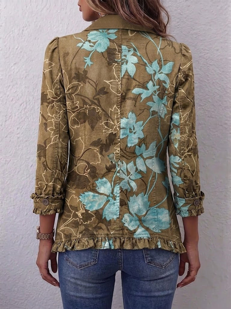 Serena vintage bohémien jasje met vervaagde bloemenprint en ruches