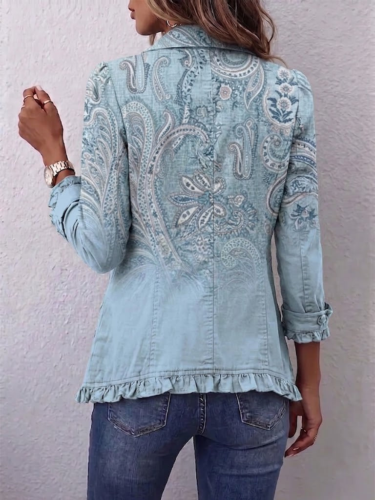 Emilia vintage paisley jasje hemelsblauw met ruches