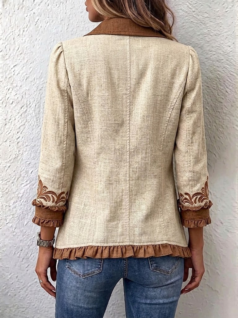 Tiziana vintage bohémien jasje met bloemen in camel en bruin met ruches
