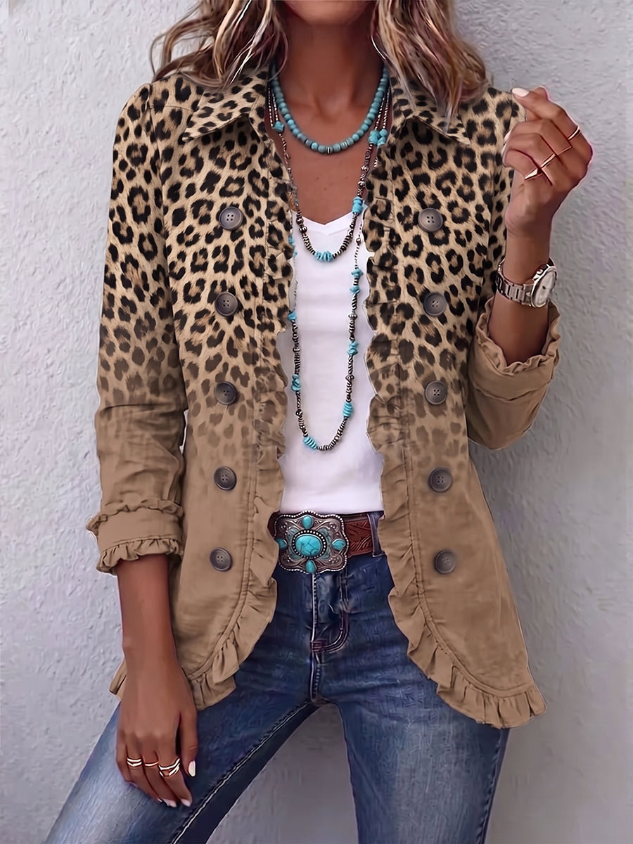 Corinna vintage jasje met verlopende luipaardprint camel en ruches