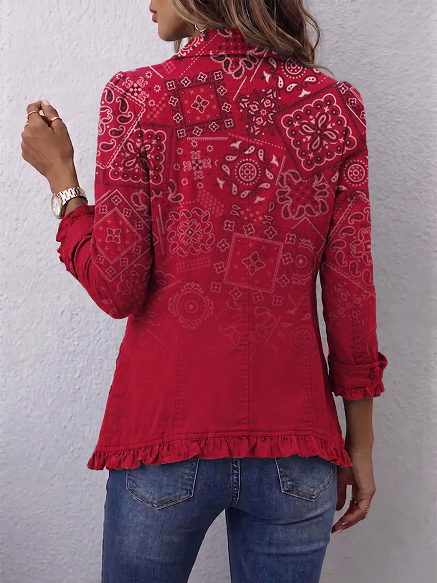 Gaia jasje met vervaagde paisleyprint in rood en ruches