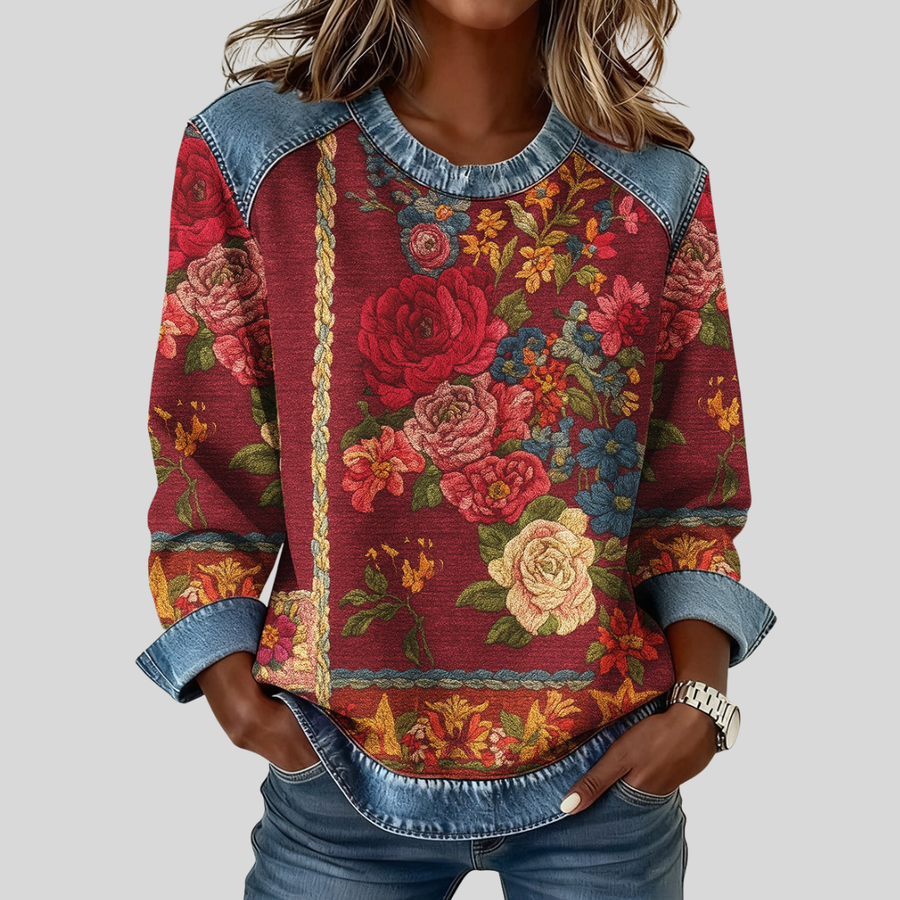 Michèle bordeauxrode trui met tapijtprint