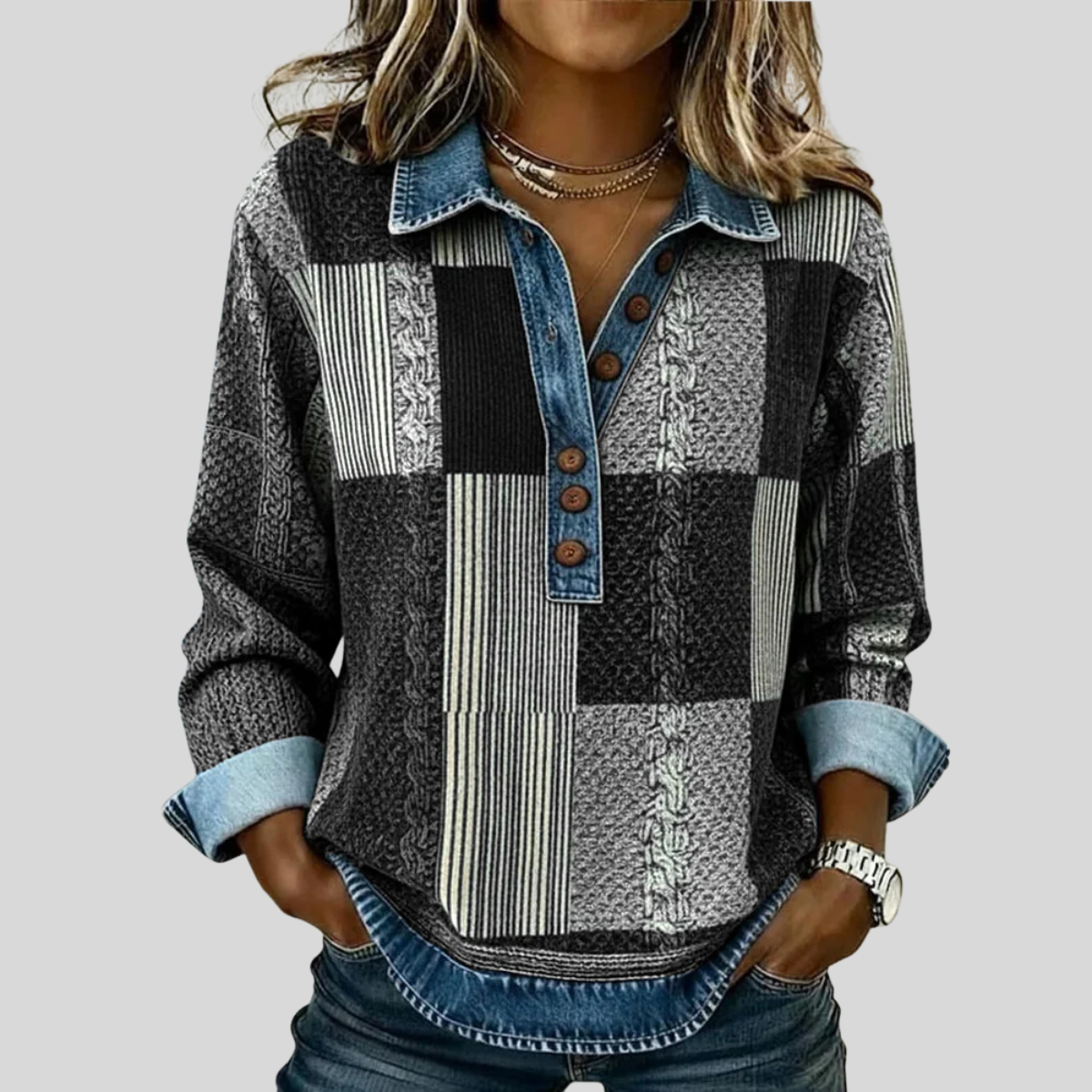 Delphine patchwork trui met denimeffect