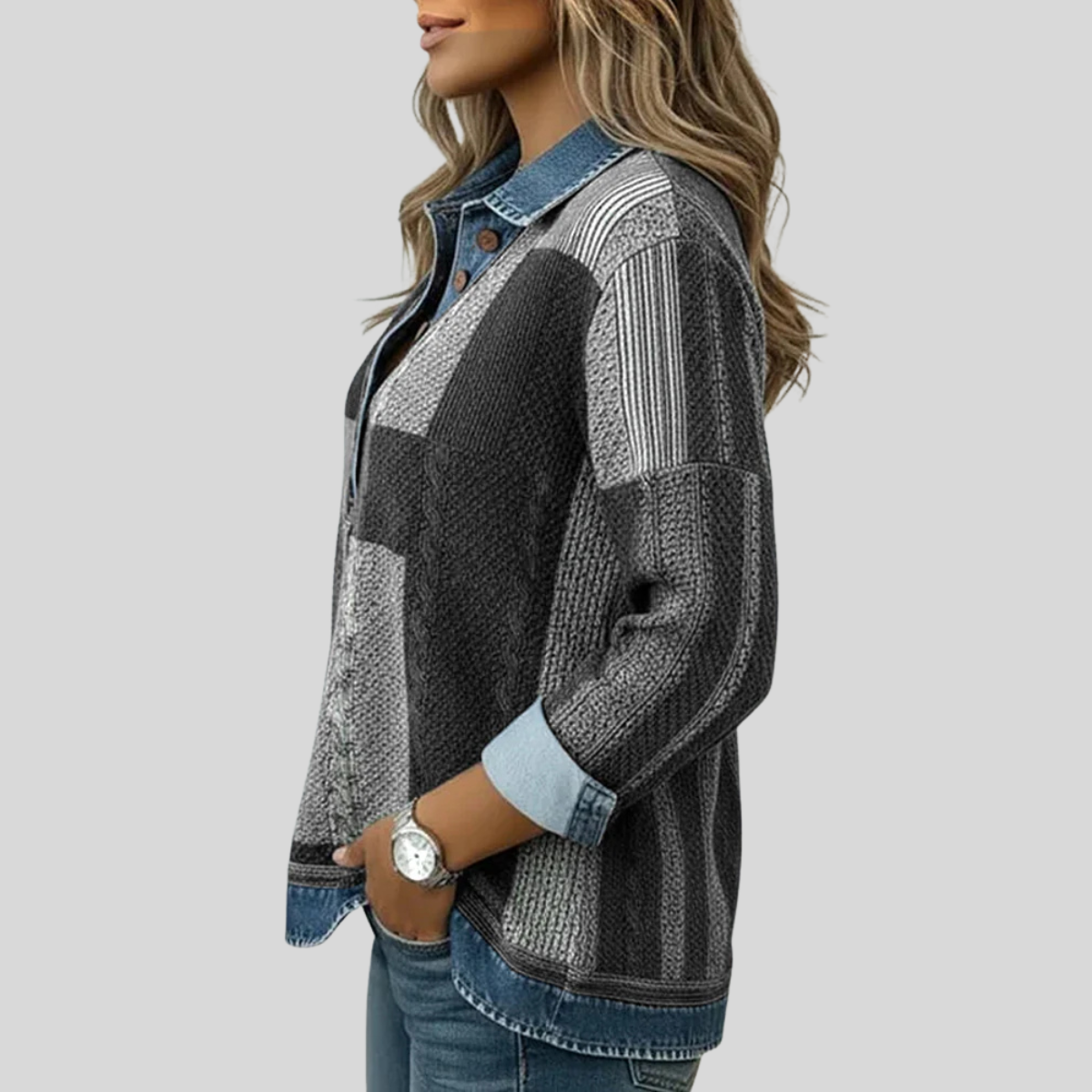 Delphine patchwork trui met denimeffect