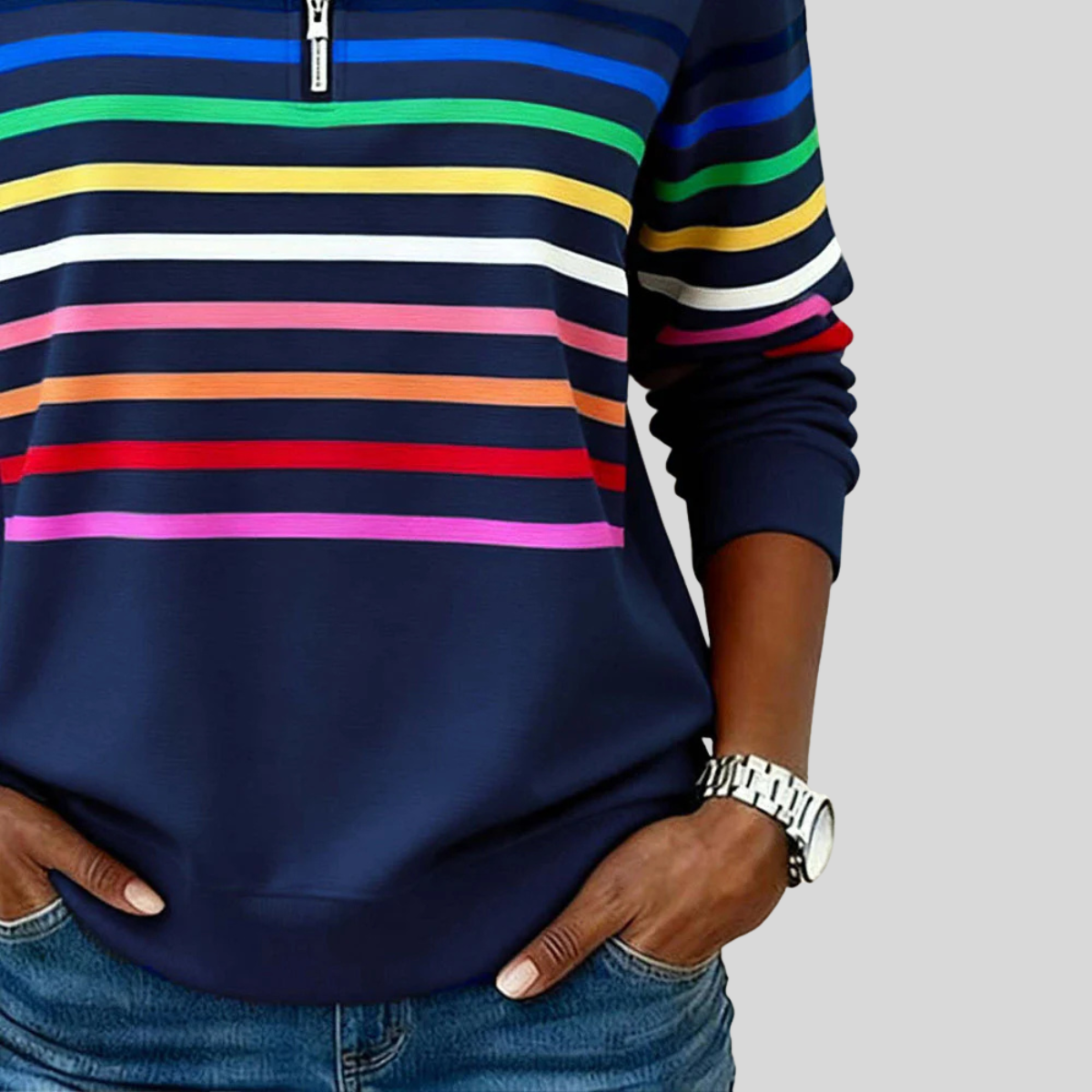 Nathalie sweater met rits en veelkleurige strepen