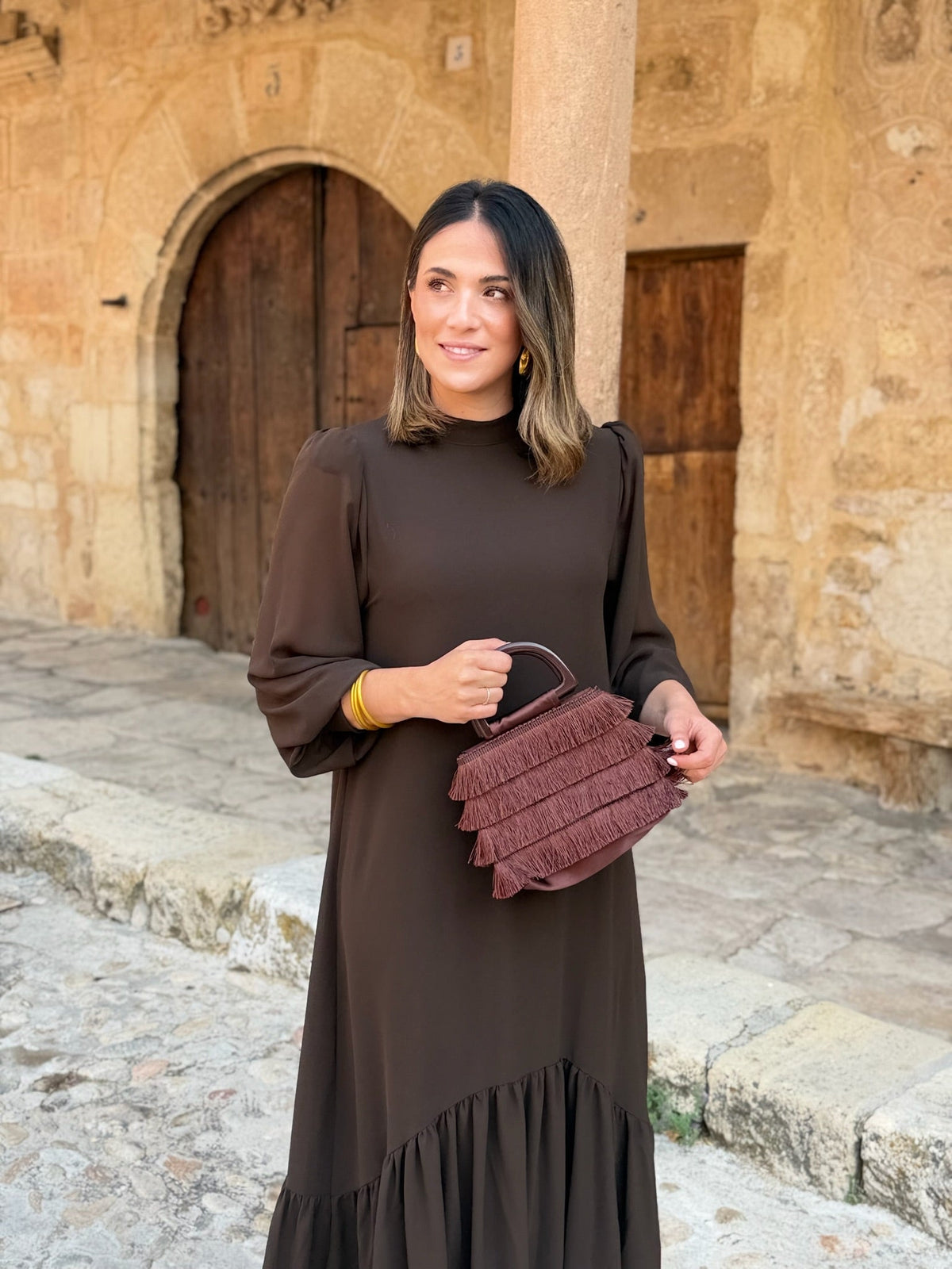 Andrea | Chiffon midi-jurk in chocoladebruin