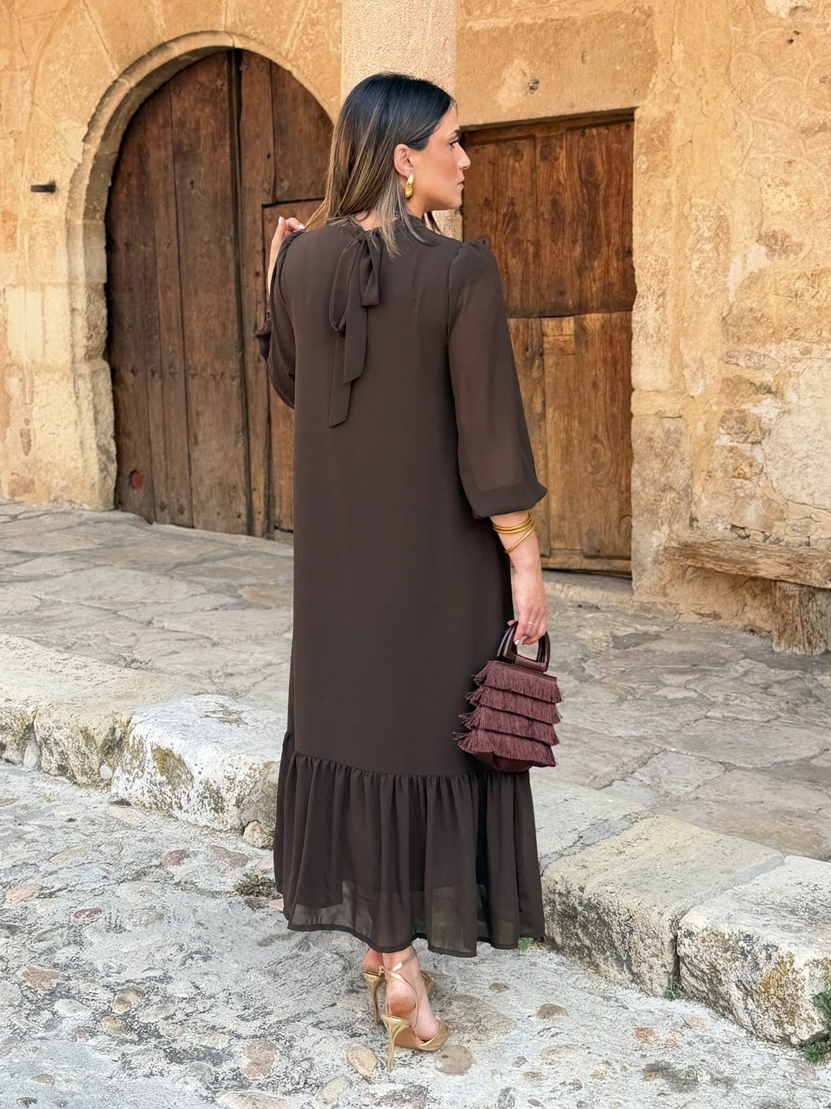 Andrea | Chiffon midi-jurk in chocoladebruin