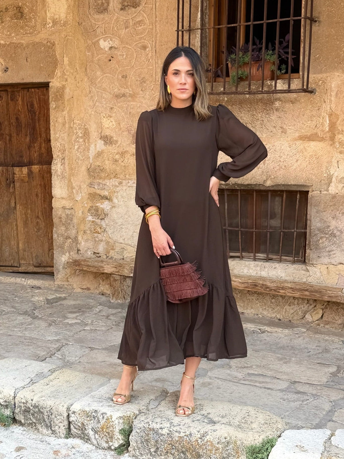 Andrea | Chiffon midi-jurk in chocoladebruin