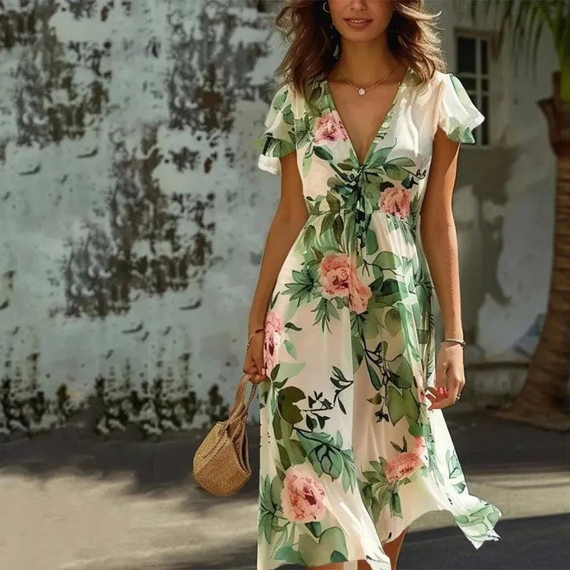 Dames Bloemen V-Hals Midi Jurk