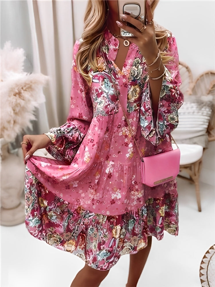 Dames Bloemen V-Hals Mini Jurk