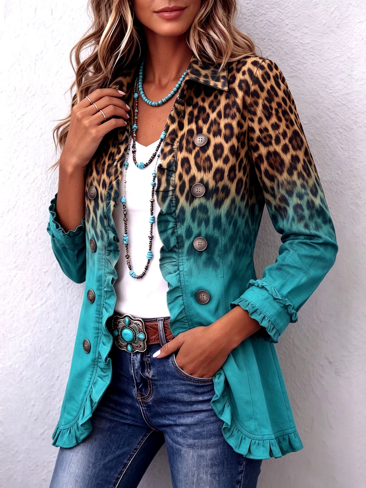 Bice blazer met verlopende luipaardprint turquoise
