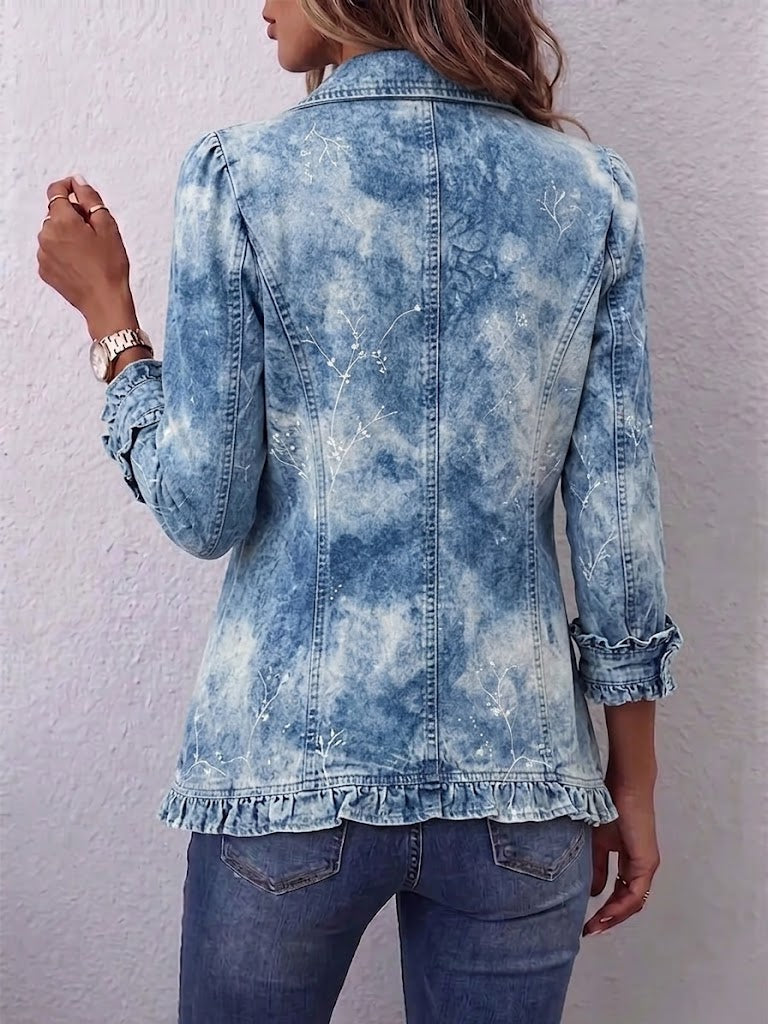 Ginevra vintage bohémien jasje met botanische print in blauw en ruches