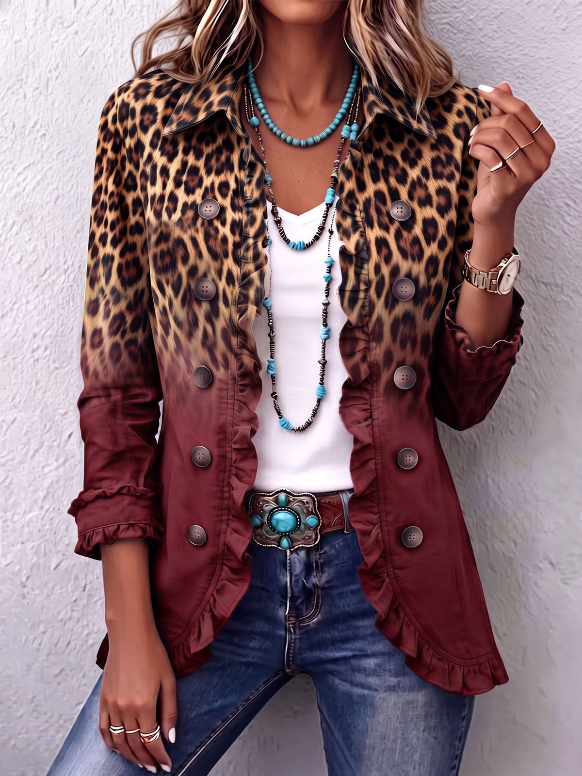 Bice blazer met verlopende luipaardprint turquoise